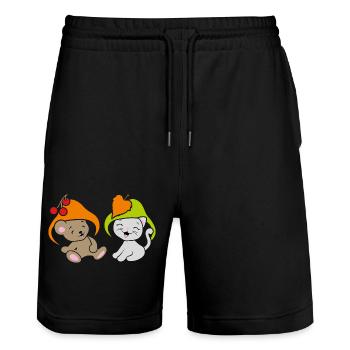 Lustiger Babybär und niedliches Kätzchen mit Pilzhut - Stanley/Stella Unisex Bio Joggingshorts Trainer  - Schwarz - Vorne - Nik (191cm) & Marisol (170cm)