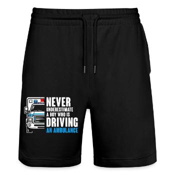 Unterschätze niemals einen Jungen, der eine Ambula fährt - Stanley/Stella Unisex Bio Joggingshorts Trainer  - Schwarz - Vorne - Nik (191cm) & Marisol (170cm)