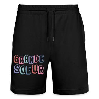 grande soeur - nouveau né famille - Short de jogging bio TRAINER Stanley/Stella unisexe - noir - Devant - Nik (191cm) & Marisol (170cm)
