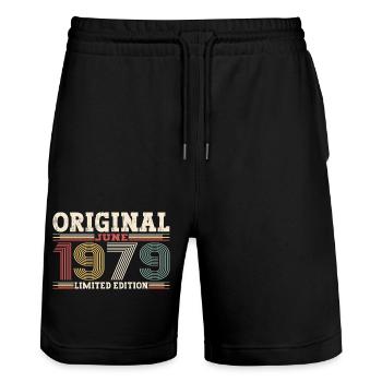 Original June 1979 Born 1979 45th Birthday 79 - Stanley/Stella Trainer Unisex Organic Jogging Shorts - black - Front - Nik (191cm) & Marisol (170cm)