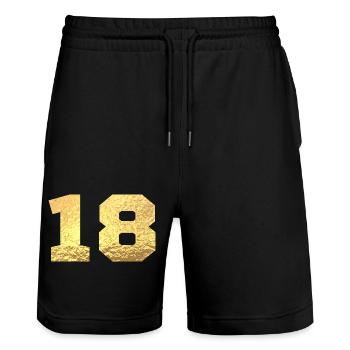 Nummer 18 Gold Glitter - 18. Jubiläum - Stanley/Stella Unisex Bio Joggingshorts Trainer  - Schwarz - Vorne - Nik (191cm) & Marisol (170cm)