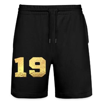 Number 19 Gold Glitter - 19th Anniversary - Stanley/Stella Trainer Unisex Organic Jogging Shorts - black - Front - Nik (191cm) & Marisol (170cm)
