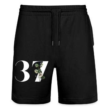 Numéro 37 floral vert - 37e anniversaire floral - Short de jogging bio TRAINER Stanley/Stella unisexe - noir - Devant - Nik (191cm) & Marisol (170cm)