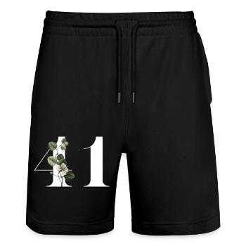 Nummer 41 Blumengrün - 41. Blumengeburtstag - Stanley/Stella Unisex Bio Joggingshorts Trainer  - Schwarz - Vorne - Nik (191cm) & Marisol (170cm)