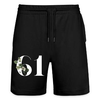 Nummer 61 Blumengrün - 61. Geburtstag Blumen - Stanley/Stella Unisex Bio Joggingshorts Trainer  - Schwarz - Vorne - Nik (191cm) & Marisol (170cm)