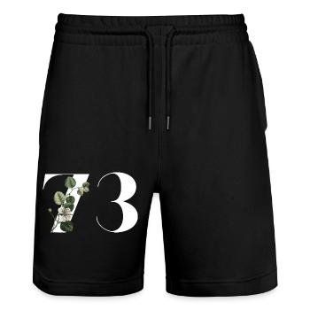 Nummer 73 Blumengrün - 73. Blumengeburtstag - Stanley/Stella Unisex Bio Joggingshorts Trainer  - Schwarz - Vorne - Nik (191cm) & Marisol (170cm)