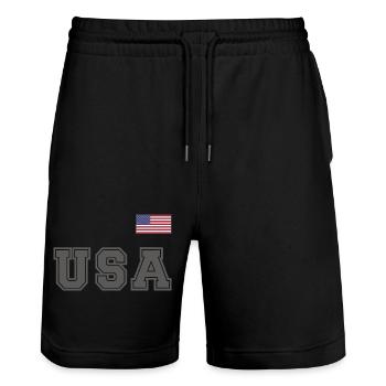 TEAM USA amerikanische Flagge Fahne über Schrift - Stanley/Stella Unisex Bio Joggingshorts Trainer  - Schwarz - Vorne - Nik (191cm) & Marisol (170cm)