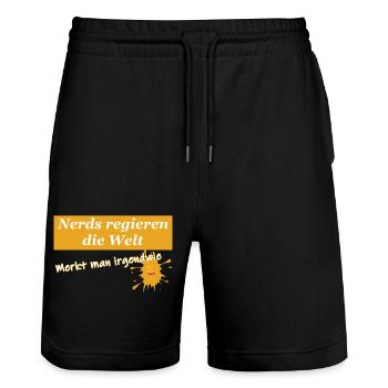 Nerds regieren Mit Klecks und weißer Schrift - Stanley/Stella Unisex Bio Joggingshorts Trainer  - Schwarz - Vorne - Nik (191cm) & Marisol (170cm)
