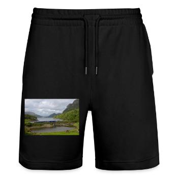 ScotRail train passing Scottish Loch - Stanley/Stella Trainer Unisex Organic Jogging Shorts - black - Front - Nik (191cm) & Marisol (170cm)