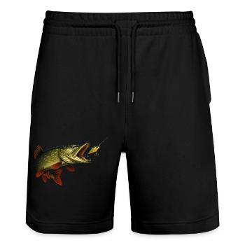 Hecht Biss Szene – Wobbler & Fangmoment - Stanley/Stella Unisex Bio Joggingshorts Trainer  - Schwarz - Vorne - Nik (191cm) & Marisol (170cm)