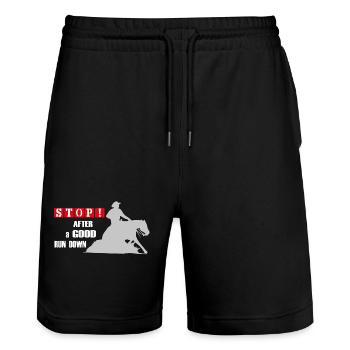 Pferd Westernreiten Reining Sliding Stop STOP! - Stanley/Stella Unisex Bio Joggingshorts Trainer  - Schwarz - Vorne - Nik (191cm) & Marisol (170cm)