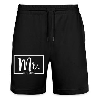 Mr. Est. 2023 Engagement For Groom's Wedding Party - Stanley/Stella Trainer Unisex Organic Jogging Shorts - black - Front - Nik (191cm) & Marisol (170cm)