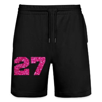 Numéro 27 paillettes rose - 27e anniversaire - Short de jogging bio TRAINER Stanley/Stella unisexe - noir - Devant - Nik (191cm) & Marisol (170cm)
