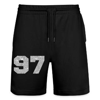 Numéro 97 paillettes argenté - 97e anniversaire - Short de jogging bio TRAINER Stanley/Stella unisexe - noir - Devant - Nik (191cm) & Marisol (170cm)