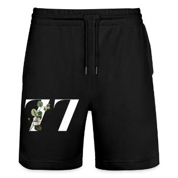 Nummer 77 Blumengrün - 77. Blumengeburtstag - Stanley/Stella Unisex Bio Joggingshorts Trainer  - Schwarz - Vorne - Nik (191cm) & Marisol (170cm)
