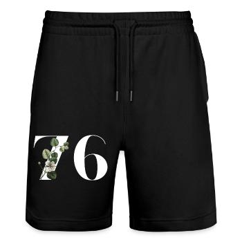 Nummer 76 Blumengrün - 76. Blumengeburtstag - Stanley/Stella Unisex Bio Joggingshorts Trainer  - Schwarz - Vorne - Nik (191cm) & Marisol (170cm)