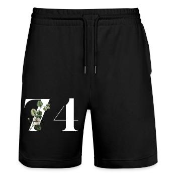 Nummer 74 Blumengrün - 74. Blumengeburtstag - Stanley/Stella Unisex Bio Joggingshorts Trainer  - Schwarz - Vorne - Nik (191cm) & Marisol (170cm)