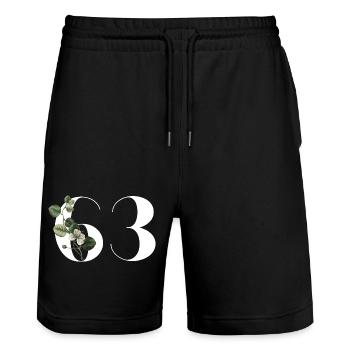 Numéro 63 floral vert - 63e anniversaire floral - Short de jogging bio TRAINER Stanley/Stella unisexe - noir - Devant - Nik (191cm) & Marisol (170cm)