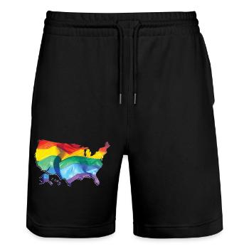 United States | Real Flag | LGBTQIA+ - Stanley/Stella Trainer Unisex Organic Jogging Shorts - black - Front - Nik (191cm) & Marisol (170cm)