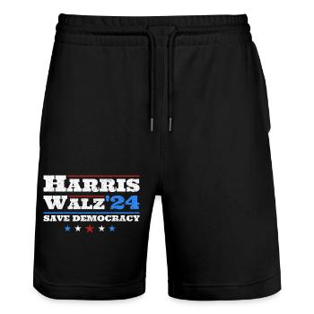 Kamala Harris & Tim Walz 2024 Support Vintage - Stanley/Stella Unisex Bio Joggingshorts Trainer  - Schwarz - Vorne - Nik (191cm) & Marisol (170cm)