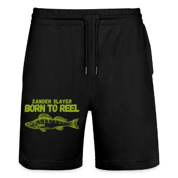 Born to Reel – Zander Slayer for Anglers - Stanley/Stella Trainer Unisex Organic Jogging Shorts - black - Front - Nik (191cm) & Marisol (170cm)