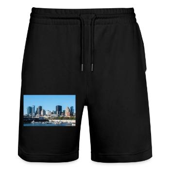 Panoramablick auf die Skyline von Montreal vom Hafen aus - Stanley/Stella Unisex Bio Joggingshorts Trainer  - Schwarz - Vorne - Nik (191cm) & Marisol (170cm)