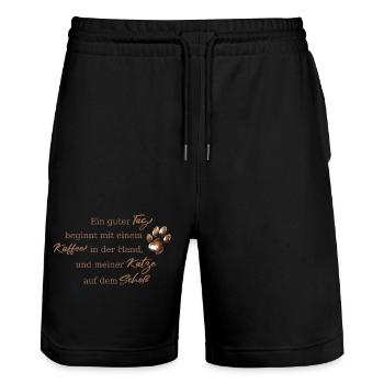 Ein guter Tag beginnt mit Kaffee und Katzen - Stanley/Stella Unisex Bio Joggingshorts Trainer  - Schwarz - Vorne - Nik (191cm) & Marisol (170cm)