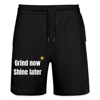 Arbeite Jetzt strahlen später - Stanley/Stella Unisex Bio Joggingshorts Trainer  - Schwarz - Vorne - Nik (191cm) & Marisol (170cm)