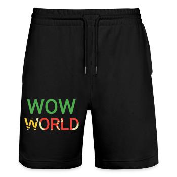 wow world colorful text - Stanley/Stella Trainer Unisex Organic Jogging Shorts - black - Front - Nik (191cm) & Marisol (170cm)