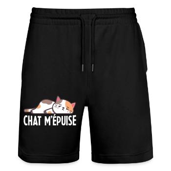 Chat m'épuise Cadeau Humour Femme Homme - Short de jogging bio TRAINER Stanley/Stella unisexe - noir - Devant - Nik (191cm) & Marisol (170cm)