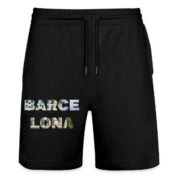 Typographie de Barcelone avec photo de paysage urbain - Short de jogging bio TRAINER Stanley/Stella unisexe - noir - Devant - Nik (191cm) & Marisol (170cm)