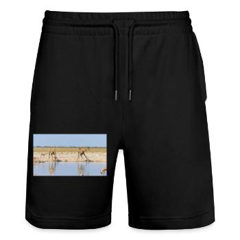 Landscape at the Cubango river with giraffe - Stanley/Stella Trainer Unisex Organic Jogging Shorts - black - Front - Nik (191cm) & Marisol (170cm)