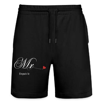 T-shirt personnalisé de couple assorti Mr et Mme - Short de jogging bio TRAINER Stanley/Stella unisexe - noir - Devant - Nik (191cm) & Marisol (170cm)