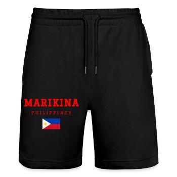 Marikina, Philippines - Stanley/Stella Trainer Unisex Organic Jogging Shorts - black - Front - Nik (191cm) & Marisol (170cm)