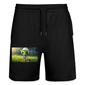 niedliches kleines grünes Retro Alien Rasen mähen - Stanley/Stella Unisex Bio Joggingshorts Trainer  - Schwarz - Vorne - Nik (191cm) & Marisol (170cm)
