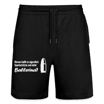 Warum heißt es Sportschützin und nicht Ballerina? - Stanley/Stella Unisex Bio Joggingshorts Trainer  - Schwarz - Vorne - Nik (191cm) & Marisol (170cm)