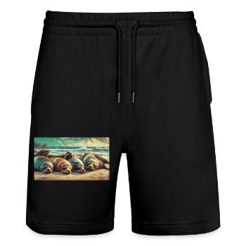 Cute animals chilling – sea lion sleeping beach - Stanley/Stella Trainer Unisex Organic Jogging Shorts - black - Front - Nik (191cm) & Marisol (170cm)