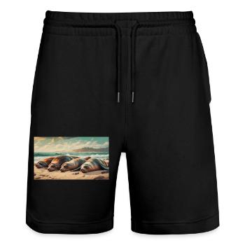 Cute animals chilling – sea lion sleeping beach - Stanley/Stella Trainer Unisex Organic Jogging Shorts - black - Front - Nik (191cm) & Marisol (170cm)