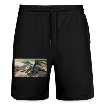 A realistic majestical green dragon is laying - Stanley/Stella Trainer Unisex Organic Jogging Shorts - black - Front - Nik (191cm) & Marisol (170cm)