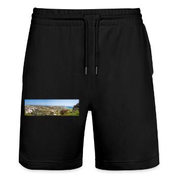 Landschaftsansicht der Burg von Kefalos Insel Kos - Stanley/Stella Unisex Bio Joggingshorts Trainer  - Schwarz - Vorne - Nik (191cm) & Marisol (170cm)