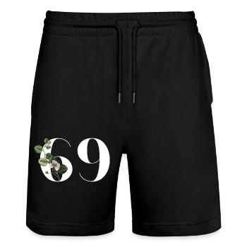 Nummer 69 Blumengrün - 69. Geburtstag Blumen - Stanley/Stella Unisex Bio Joggingshorts Trainer  - Schwarz - Vorne - Nik (191cm) & Marisol (170cm)