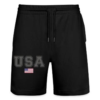 ÉQUIPE Bannière du drapeau américain des États-Unis en cours d’écriture - Short de jogging bio TRAINER Stanley/Stella unisexe - noir - Devant - Nik (191cm) & Marisol (170cm)