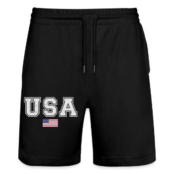 ÉQUIPE Bannière du drapeau américain des États-Unis en cours d’écriture - Short de jogging bio TRAINER Stanley/Stella unisexe - noir - Devant - Nik (191cm) & Marisol (170cm)