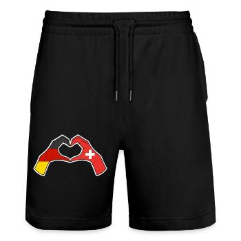 Swiss Germany Switzerland - Stanley/Stella Trainer Unisex Organic Jogging Shorts - black - Front - Nik (191cm) & Marisol (170cm)