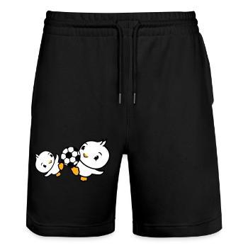 2 Birds Playing Soccer Together Fun Ball Sports - Stanley/Stella Trainer Unisex Organic Jogging Shorts - black - Front - Nik (191cm) & Marisol (170cm)