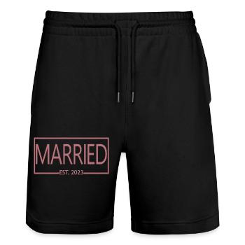 Marié Est. 2023 - Cadeau de mariage hommes et femmes - Short de jogging bio TRAINER Stanley/Stella unisexe - noir - Devant - Nik (191cm) & Marisol (170cm)