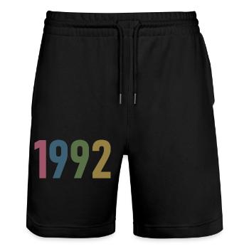 Année 1992, 30 ans, cadeau de 30e anniversaire - Short de jogging bio TRAINER Stanley/Stella unisexe - noir - Devant - Nik (191cm) & Marisol (170cm)