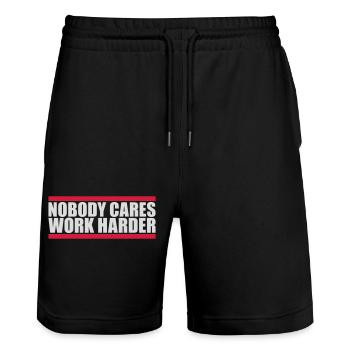nobody cares work harder - Stanley/Stella Trainer Unisex Organic Jogging Shorts - black - Front - Nik (191cm) & Marisol (170cm)