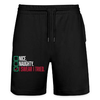 Nice Naughty I Swear I Tried Christmas List - Stanley/Stella Trainer Unisex Organic Jogging Shorts - black - Front - Nik (191cm) & Marisol (170cm)