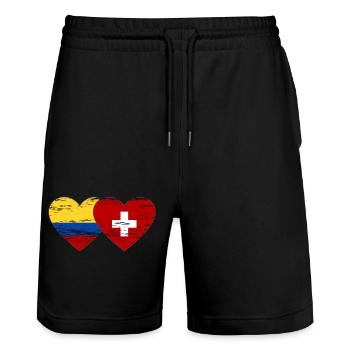 Colombie Suisse Drapeau Coeur utilisé - Short de jogging bio TRAINER Stanley/Stella unisexe - noir - Devant - Nik (191cm) & Marisol (170cm)